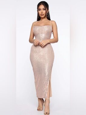 Fashion Nova Rose Gold Sequin Cowl Slip Dress